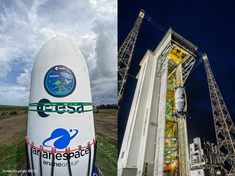 links: Der BIOMASS-Satellit, eingekapselt in eine Raketenhülle, die ihn auf seinem Weg durch die Erdatmosphäre schützt. Rechts: BIOMASS auf dem Weg zum Startturm, um an der Vega-C-Rakete von Arianespace befestigt zu werden. 