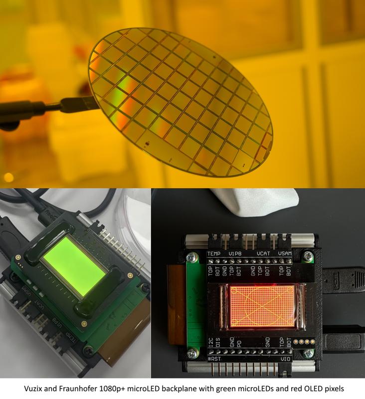 1080p+ microLED-Backplane mit grünen microLEDs und roten OLED-Pixeln entwickelt von Vuzix und Fraunhofer IPMS.