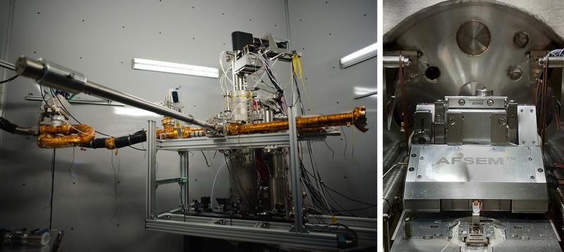 Fotoaufnahmen der verwendeten Mikroskope. Links: Das 3m hohe Rastertransmissionselektronenmikroskop Nion Ultra STEM 100 von Bruker Corporation. Rechts: Blick in die luftleere Kammer, die das Rasterkraftmikroskop AFSEM von Quantum Design GmbH enthält.