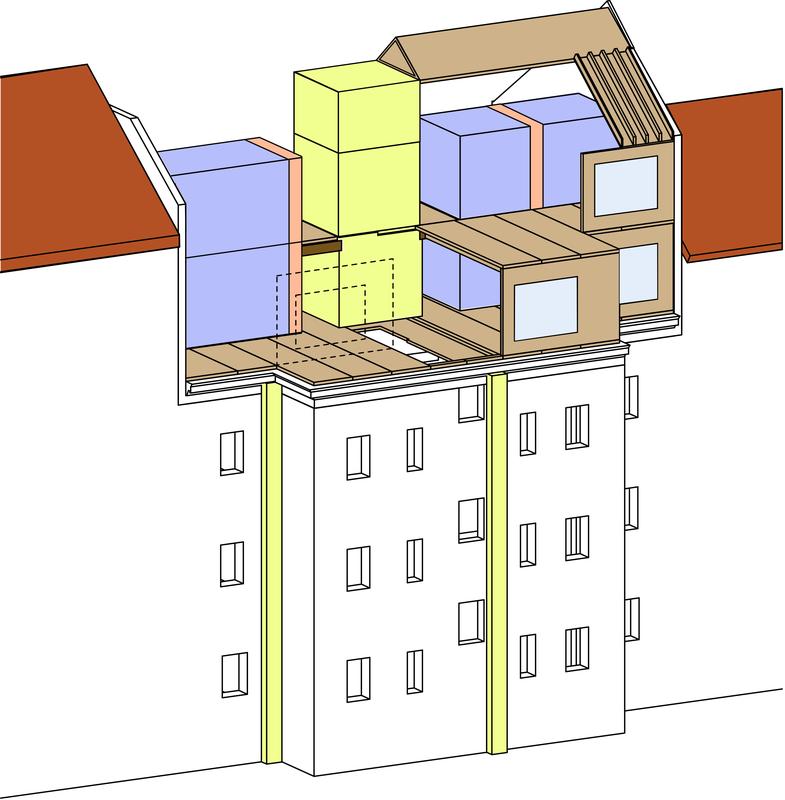 Module und Faltwerkträger zur Aufstockung des Gebäudes.