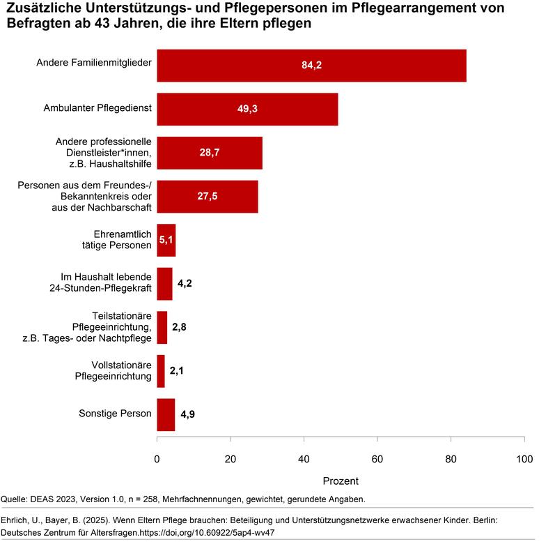 Zusätzliche Unterstützungs- und Pflegepersonen im Pflegearrangement der pflegenden Kinder ab 43 Jahren