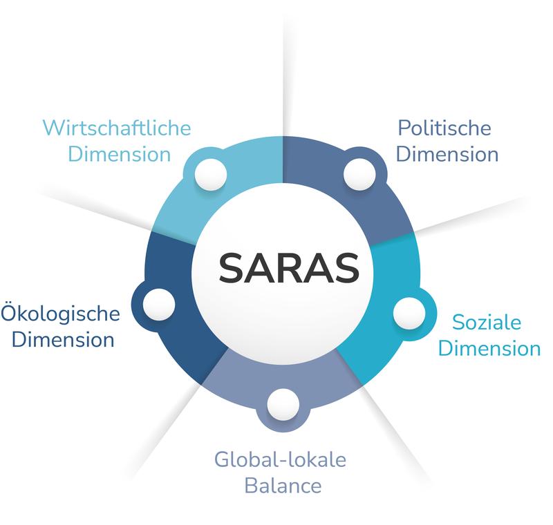 Die Maßnahmen und Empfehlungen zur Erreichung von SARAS sollten Ökologie, Wirtschaft, Politik, soziale Aspekte sowie die Abstimmung zwischen globalen und lokalen Gegebenheiten als wichtige Dimensionen der Nachhaltigkeit einschließen.