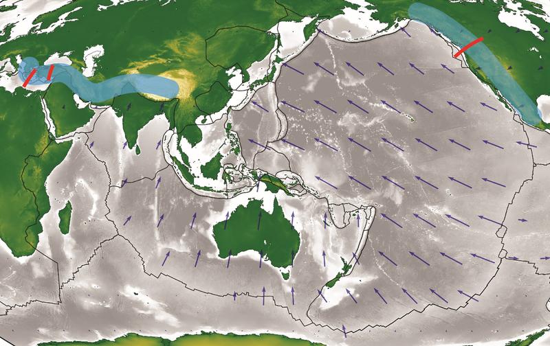 Topografische Karte der Erde mit blau schattierten Bereichen, die Zonen mit akkretierten Terranen und verdünnter Mantel-Lithosphäre hervorheben. Rote Linien zeigen die Positionen der Querschnitte in der Ägäis, in Anatolien und den kanadischen Kordilleren 