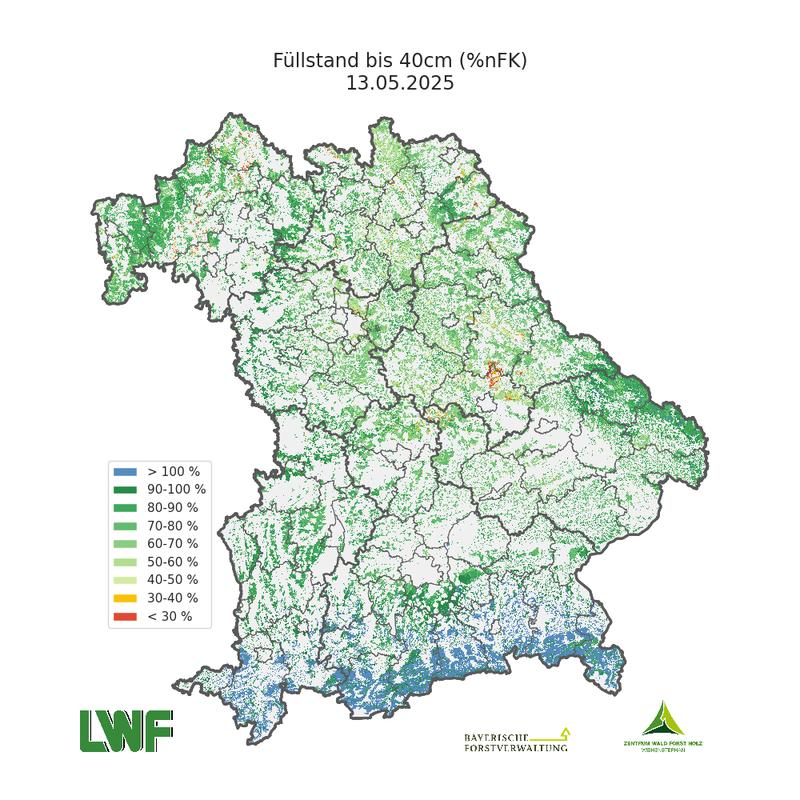 Einblick in den WaldDürreMonitor Bayern: Wasservorrat bis 40 cm Bodentiefe der den Wäldern in Bayern zur Zeit zur Verfügung steht (= %nFK, d.h. Prozentanteil der nutzbaren  Feldkapazität)