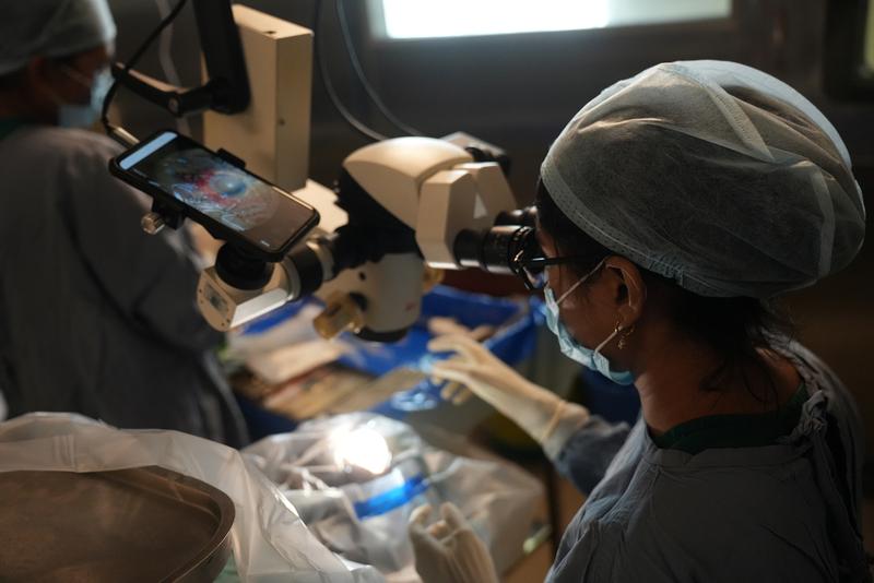 Cataract surgery at Sankara Eye Hospital is recorded on video.
