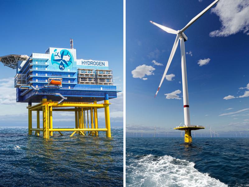Die Abbildung zeigt Modelle von möglichen Produktionsplattformen für Offshore-Wasserstoff: Links ist eine zentrale Produktion auf einer einzelnen Plattform. Rechts ist eine dezentrale Produktion auf einzelnen Windturbinen.