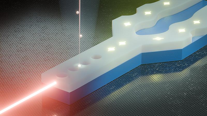 Künstlerische Darstellung der Implantation eines einzelnen Erbium-Ions in eine optische Nanokavität auf Siliziumbasis. 