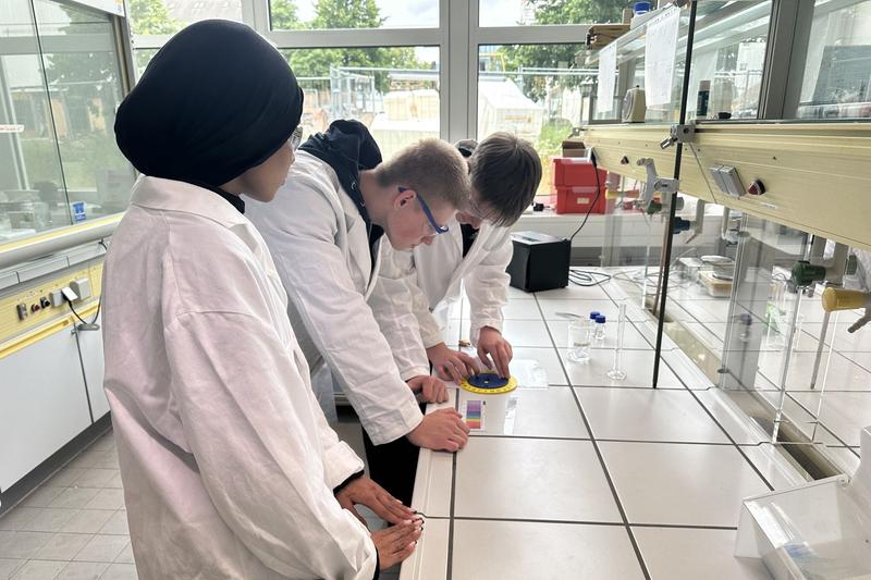 … während die andere Gruppe im Chemie Escape Room Rätsel löst.