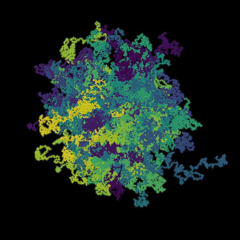 Computersimulationsschnappschuss von verhakten aktiven flexiblen Polymerfäden. Verschiedene Farben deuten verschiedene Ketten an. 