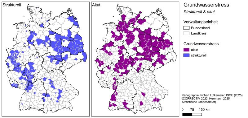Landkreise und kreisfreie Städte in Deutschland, die unter strukturellem und/oder akutem Grundwasserstress leiden.