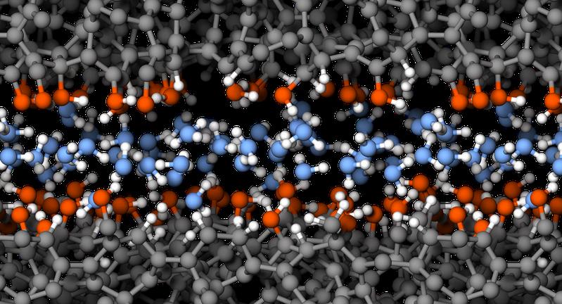Molekulardynamiksimulation eines Reibkontakts unter hoher mechanischer Belastung. Die Molekulardynamiksimulation liefert Materialgesetze für das Schmierstoffverhalten.