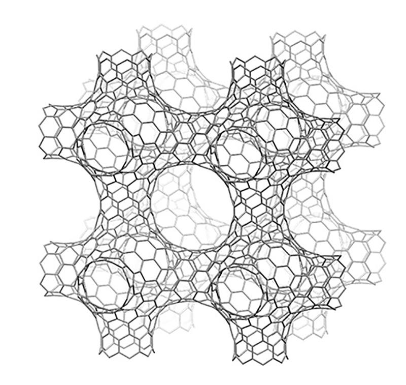 Structural model of a Schwarzite carbon material composed of hexagonal and heptagonal units. 