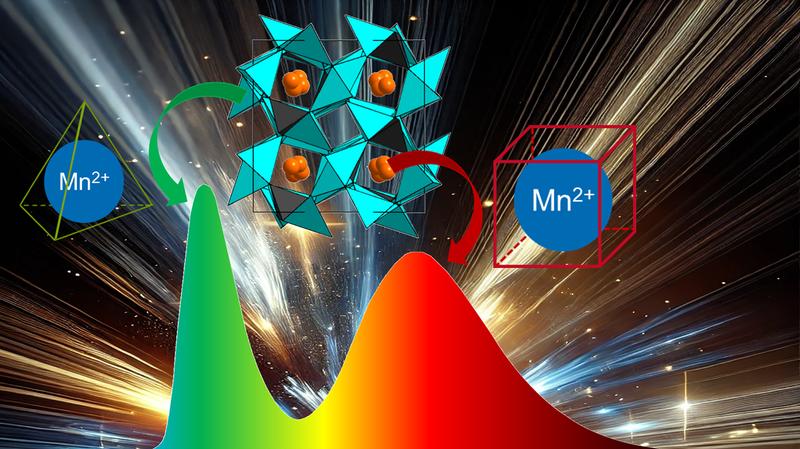 Kristallstruktur eines Alkalilithooxidosilikates, die Lagebesetzung von Mn2+ und die daraus resultierenden Emissionsfarben. 