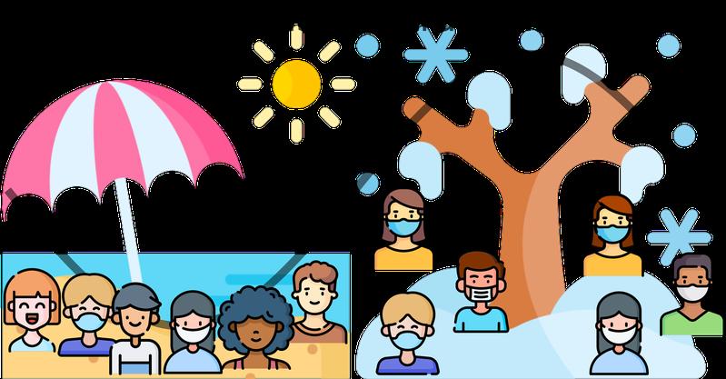 Saisonale Übertragung und menschliches Verhalten: Bei niedrigen Fallzahlen (z. B. im Sommer) lassen viele Vorsicht walten. Im Winter steigen Übertragungen, Maskentragen und Distanz nehmen zu.