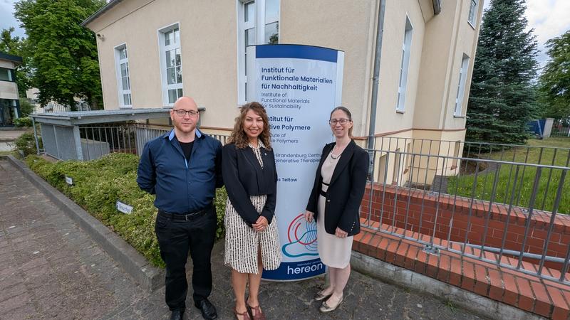 Bild des Hereon-Teams. Von links nach rechts: Dr. Mauricio Schieda, Maryam Pourmahdavi und Prof. Dr. Francesca Toma. Foto: Hereon/ Sabine Benner