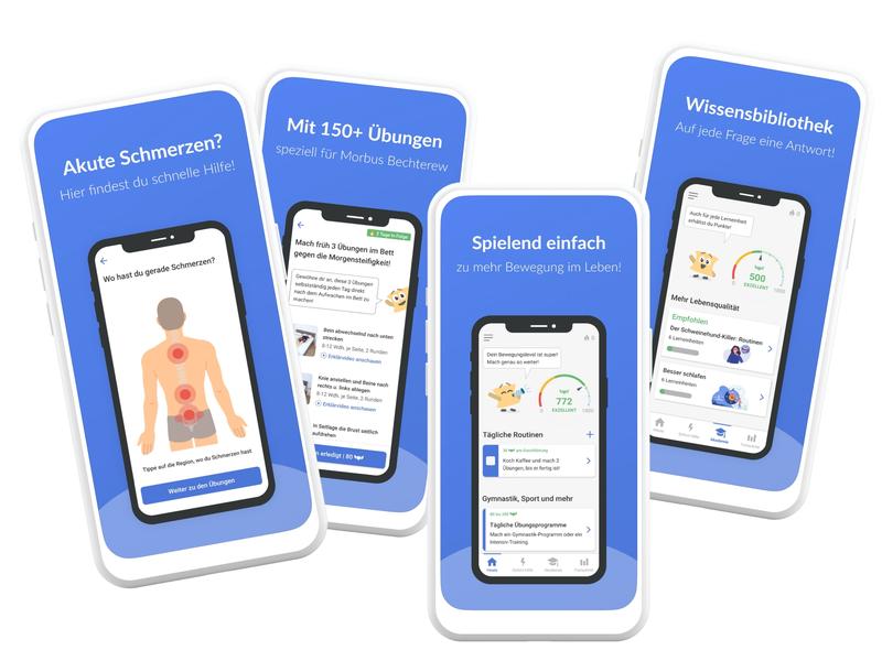 Die App „Axia” bietet über 250 physiotherapeutisch angeleitete Übungsvideos, kurze Dehn- und Mobilisationsübungen, eine Wissensbibliothek, interaktive Lernmodule, einen Schmerz- und einen Medikamententracker sowie viele weitere Funktionen