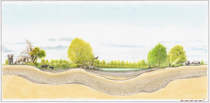 Rekonstruktion des Seebeckens in Neumark Nord mit altsteinzeitlicher Großfauna. 