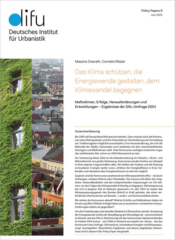 Cover des Difu-Policy Papers "Das Klima schützen, die Energiewende gestalten, dem Klimawandel begegnen"