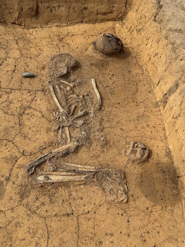 A grave of a man of the Corded ware Culture, grave offerings including a stone axe and pottery vessels