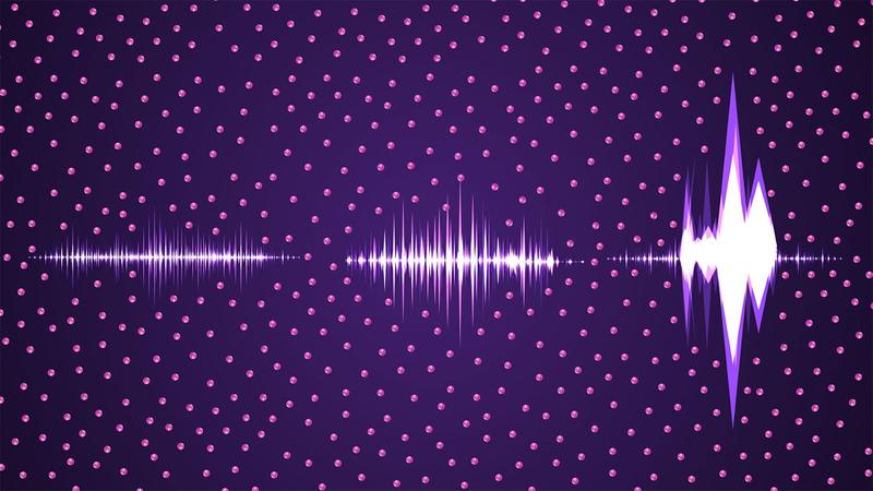 Eine einfallende Röntgenlichtwelle (links), die in der Regel aus einer chaotischen Verteilung sehr schneller Spitzen besteht, interagiert mit Atomen in einem Gas (violette Punkte). Die Atome verstärken dabei bestimmte Spitzen (rechts).