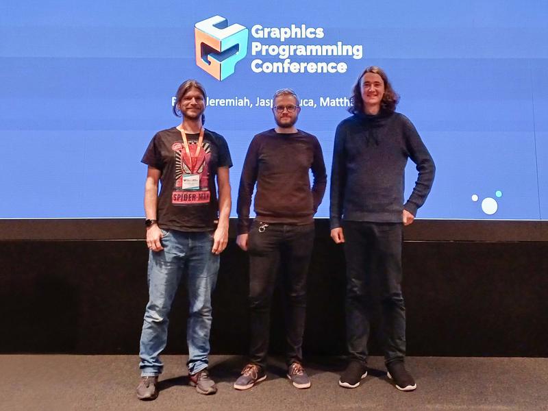 Prof. Dr. Quirin Meyer, HS-Coburg Visual Computing Doktorand Bastian Kuth und Max Oberberger von AMD unterrichteten gemeinsam einen Kurs zum Thema Work Graphs bereits in Breda auf der Graphics Programming Conference 2024 und nun SIGGRAPH 2025 in Vancouver.