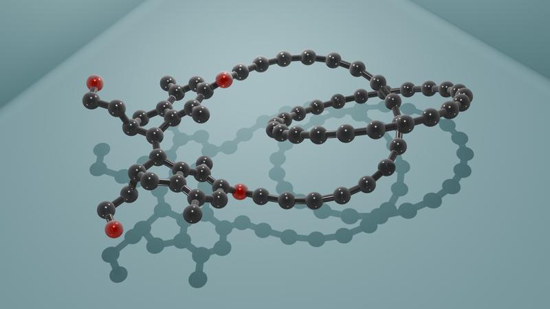 Modell eines Catenans (von lateinisch „catena“ = Kette), eine chemische Struktur, bei der zwei ringförmige Moleküle wie Glieder einer Kette ineinander verschlungen sind – ohne über eine chemische Bindung miteinander verbunden zu sein. 