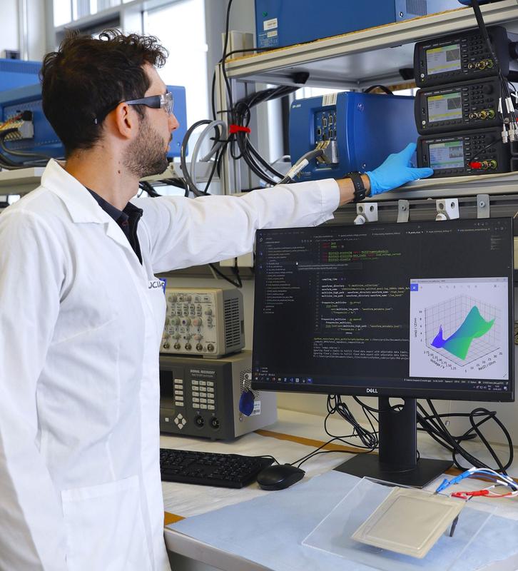 Lab setup for computer-assisted real-time measurement of impedance in a lithium-ion battery cell to analyze its state.