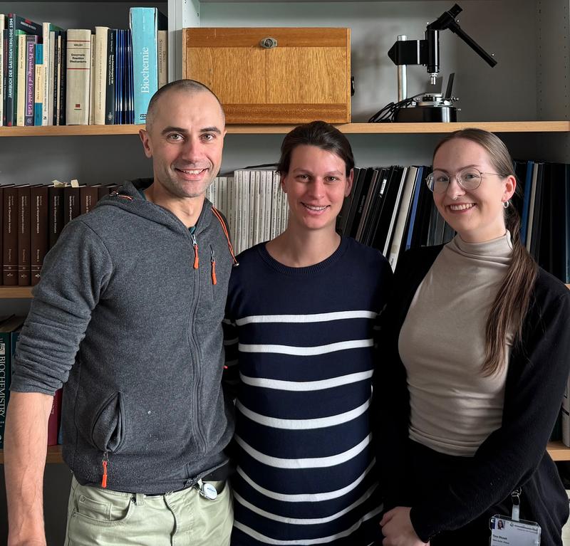 Das Essener Forschungsteam (v. l. n. r.): Dr. Roland Schwarzer, Dr. Hannah S. Schwarzer-Sperber und Doktorandin Tina Dluzak von der Arbeitsgruppe Schwarzer des Instituts für die Erforschung von HIV und AIDS-assoziierten Erkrankungen.