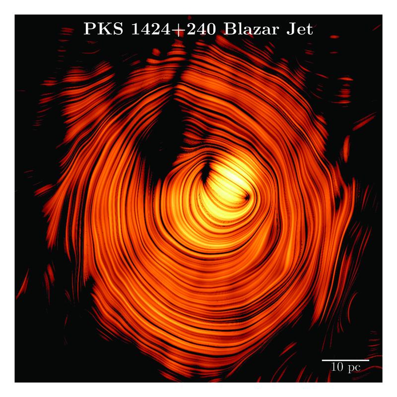 Das „Auge von Sauron“: ein Plasmastrahl im Blazar PKS 1424+240, durchzogen von einem nahezu perfekten ringförmigen Magnetfeld. Dabei werden hochenergetische Gammastrahlen und Neutrinos werden stark in Richtung Erde gebündelt.
