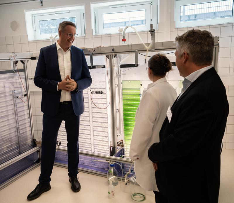 Herr Schweitzer füllt mit Tanja und Michael Lakatos einen Photobioreaktor mit neuen Mikroalgen.