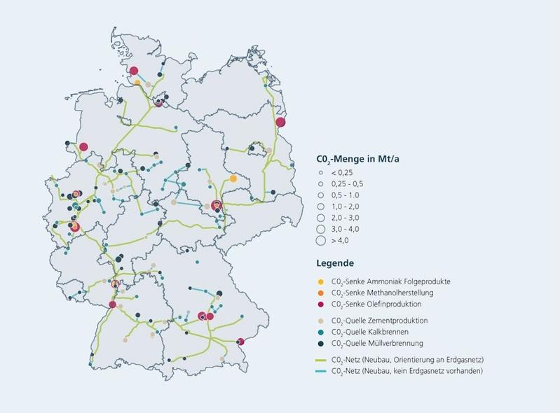 Beispielhaftes CO2-Netz für das Jahr 2045, modelliert mit der CINES-Methode.