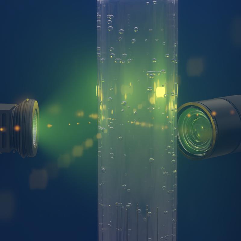 Hochgeschwindigkeitskameras erfassen Schwärme von Blasen, die durch eine LED-beleuchtete Wassersäule aufsteigen, und zeigen die chaotischen Strömungsmuster der durch die Blasen verursachten Turbulenzen.