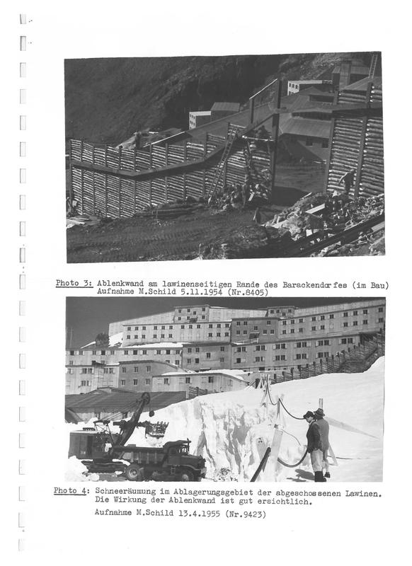 Fotos aus dem internen Bericht «Gutachten über Lawinenschutzmassnahmen auf der Baustelle Moiry des Forces Motrices de la Gougra SA. Zusammenfassung der Vorschläge vom Dezember 1953 bis Mai 1955», 1955