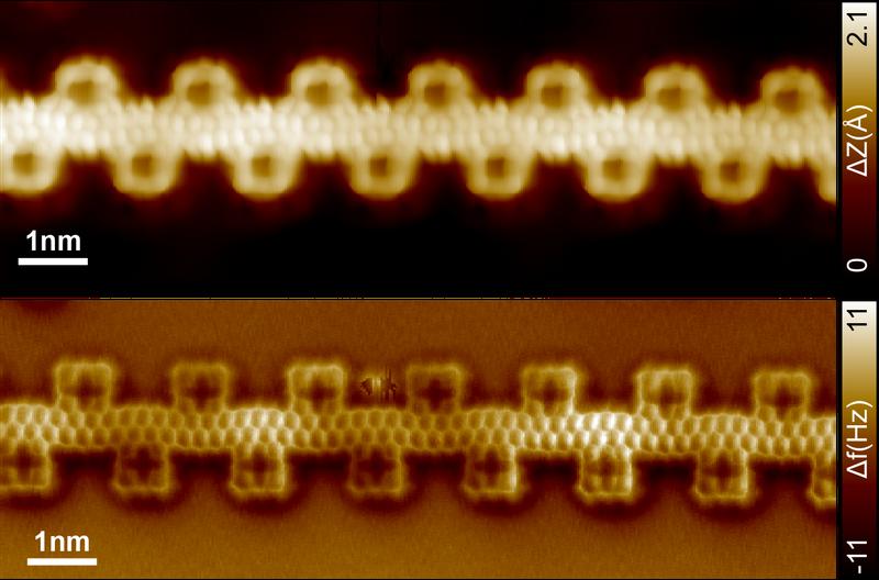 Ultimative Präzision: Mit ihrer Methode können die Empa-Forschenden die molekulare Struktur mit atomarer Präzision synthetisieren, wie Mikroskopieaufnahmen bestätigen (oben Rastertunnelmikroskopie, unten Rasterkraftmikroskopie im Nicht-Kontakt-Modus). 