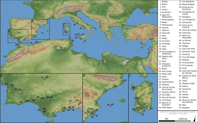 Map showing the distribution of “Phoenician oil bottles” across the Mediterranean and Atlantic regions, c. 775/760–535/500 BCE. Created by E. Croce using NASA’s Global Imagery Browse Services, based on data provided by A. Orsingher