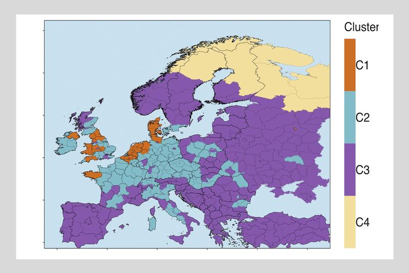 Die Karte zeigt den Stickstoffüberschuss in Europa – geclustert in 4 Kategorien. 