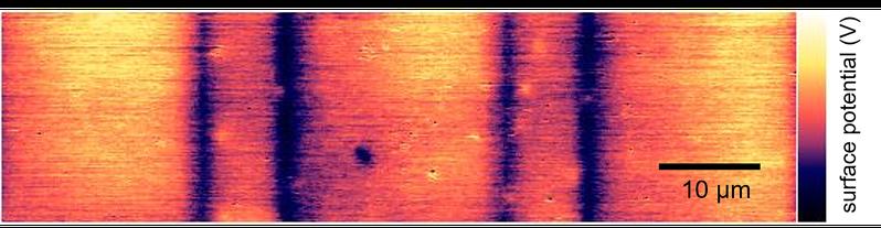 Die Aufnahme aus dem Rasterkraftmikroskop zeigt deutlich erkennbare Bereiche mit unterschiedlichem Oberflächenpotenzial, die durch laserinduzierte Veränderungen in der Struktur des Titanoxids erzeugt wurden. 