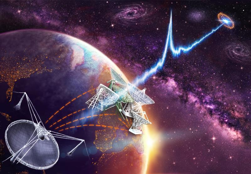 Künstlerische Darstellung der Radioteleskope zur Beobachtung der Quelle FRB 121102 