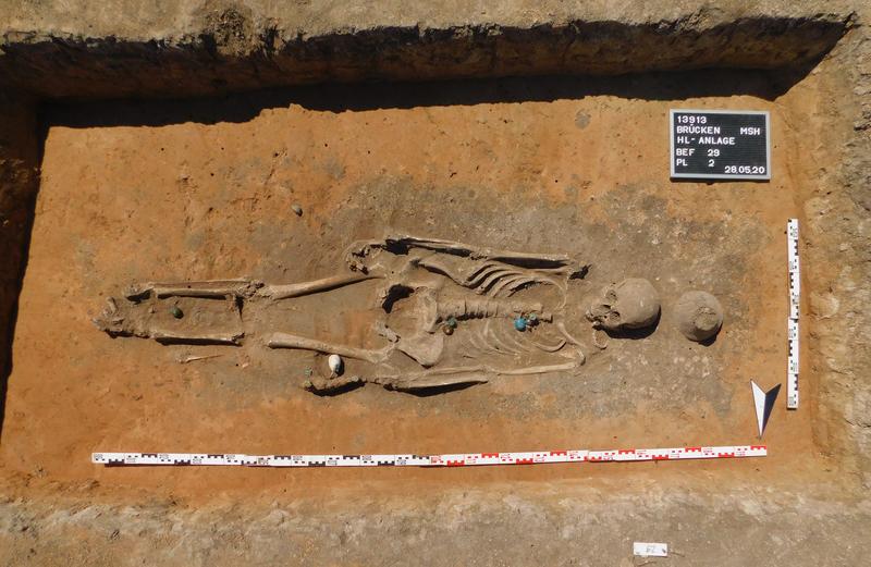 Ungestörte Bestattung einer erwachsenen Frau mit genetischen Markern einer lokalen Herkunft. Beigaben: Glasperlenschmuck und Kauri-Amulett. Gräberfeld Brücken, Befund 13913:29.