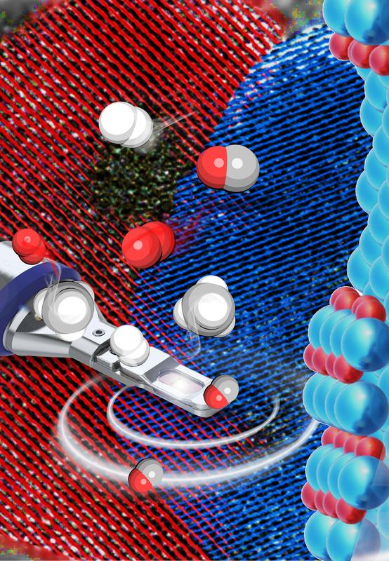 Bilder der Strukturen und Grenzflächen von PdO (rot) und Pd (blau) in atomarer Auflösung mit Darstellung der Katalysatoroberfläche (rechts) und des Mikroreaktors im Elektronenmikroskop (links).