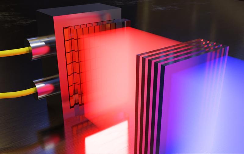 Visualisierung eines Diodenlaser-Moduls mit Strahlformung zum Pumpen von Plattenstapelverstärkern in Hochenergielasern. Solche Diodenlaser-Pumpmodule gelten als Schlüsselkomponente für Fusionskraftwerke der Zukunft.