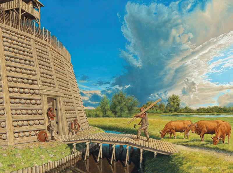 Rekonstruktion einer slawischen Rundburg des 9.-10. Jahrhunderts. Die offenen Dörfer der Einwanderergeneration wurden östlich der Elbe aufgrund des fränkisch-sächsischen Eroberungsdrucks ab dem 8. Jahrhundert zugunsten befestigter Anlagen aufgegeben.