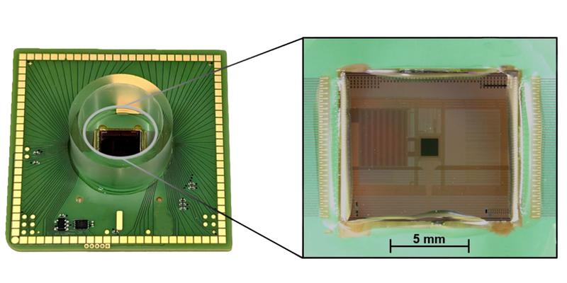 Microchip for cell measurements: The image on the left shows a special sensor system with an integrated microchip (CMOS technology) on which cells can be cultivated and electrically examined.