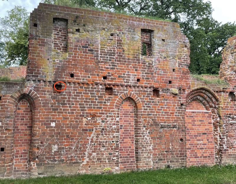 Östliche Außenmauer des Ostflügels des Klosters Eldena bei Greifswald mit eingezeichneter Verortung des Backsteins mit der Runeninschrift. 