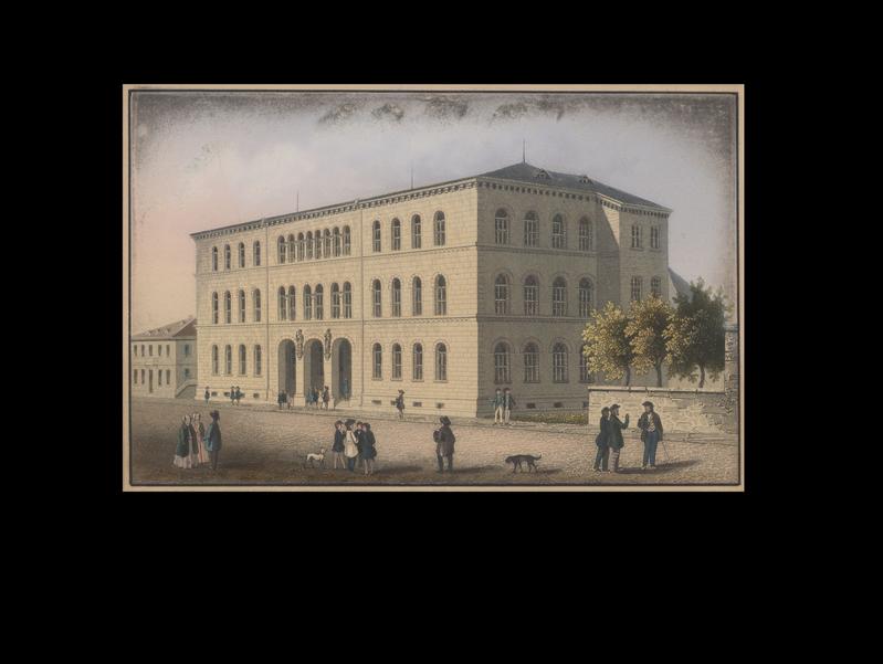 Die Polytechnische Schule um 1840: Das 1836 errichtete, dreistöckige Gebäude von Heinrich Hübsch bildet heute den Westflügel des KIT-Hauptgebäudes an der Kaiserstraße. (Foto: Unbekannt, KIT-Archiv)
