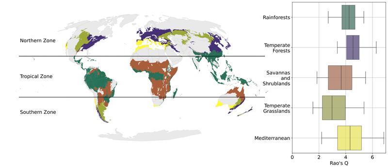 On the left, the spatial extent of the five biomes covered in the study. On the right, the names of the biomes are shown together with colour-coded boxplots. 