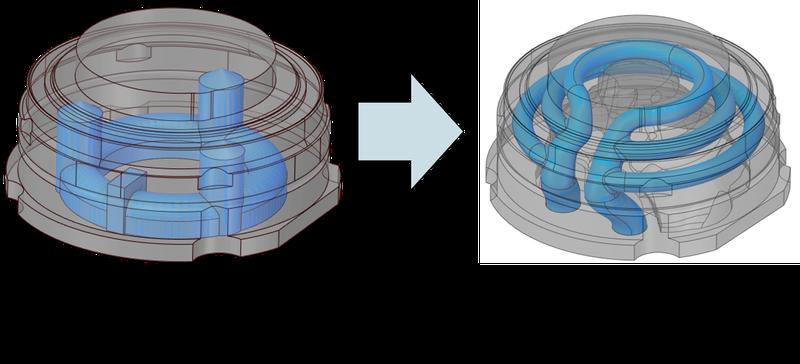 Deutliche Gewichtsreduzierung dank AdTopoTool: Beispiel eines Spritzgusswerkzeugs (links Originalwerkzeug, rechts: Topologieoptimierung).