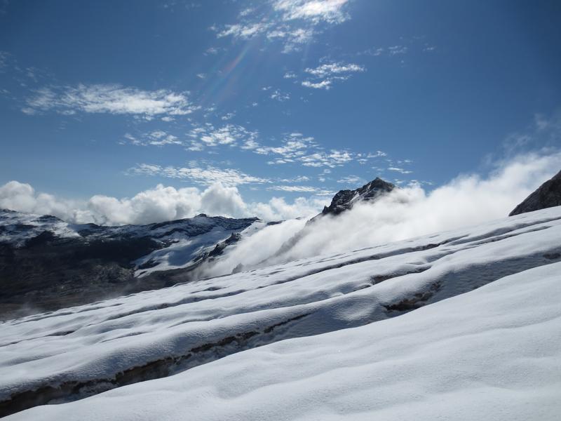 Cold air flows down on a warm day. Tsanteleina Glacier, northwestern Italy. 