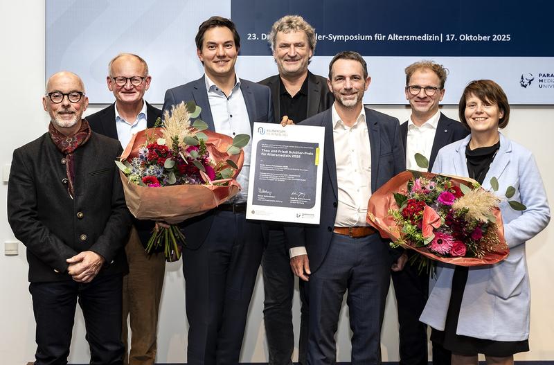 Von links: Rainer Hattenberger, Dr. Christoph von Imhoff (Schöller-Stiftungen), PD Dr. Robert Fleischmann, Univ.-Prof. Dr. Markus Gosch, Univ.-Prof. Dr. Thomas Hillemacher, Univ.-Prof. Dr. Jan Liman, Univ.-Prof. Dr. Christiane Waller (Klinikum Nürnberg).