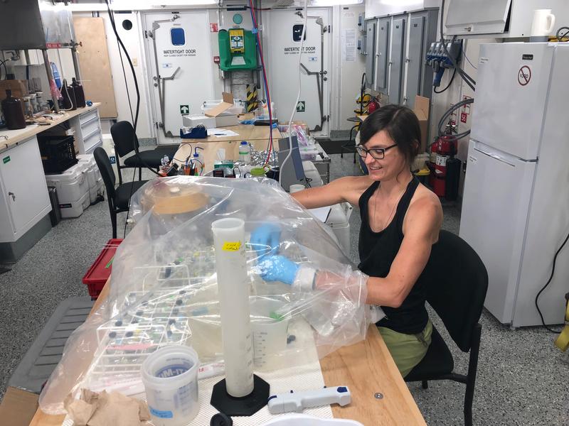 While still on board, biogeochemist Dr. Claudia Frey carried out analyses and experiments. A nitrogen atmosphere under the plastic cover ensured that the samples were not contaminated by oxygen.